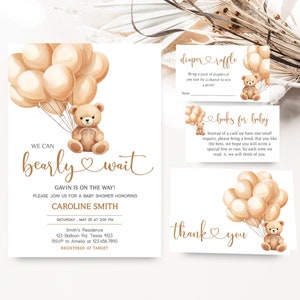 Editable Brown Bear Baby Shower Invitation Bundle, Teddy Bear Balloon Baby Shower Invite Set, We Can Bearly Wait Baby Shower Invitation 0665 image 1