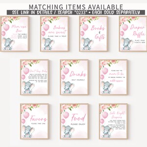May include: A set of ten printable baby shower signs featuring pink and white floral designs with a cute elephant illustration. The signs include titles such as "Mom-osa Bar", "Babies are Sweet", "Books & Gifts", "Diaper Raffle", "Don't Say Baby", "Drinks", "Please Help the Mom-to-be", "Favors", "Food", and "Late Night Diapers".