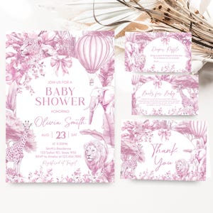 Editable Pink Chinoiserie Baby Shower Invitation Bundle, Safari Toile de Jouy Baby Shower Invite Set Girl Bow Toile Jungle Baby Shower 01094