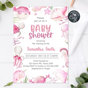 Invito per baby shower modificabile sotto il mare, invito per baby shower sull&#39;oceano, tema animali marini modello stampabile invito nautico rosa 0265