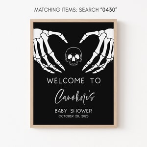 Placa de boas-vindas editável para chá de bebê de Halloween, pôster gótico de boas-vindas para chá de bebê, modelo de sinal de boas-vindas para chá de bebê com caveira pequena Boo 0430 imagem 3