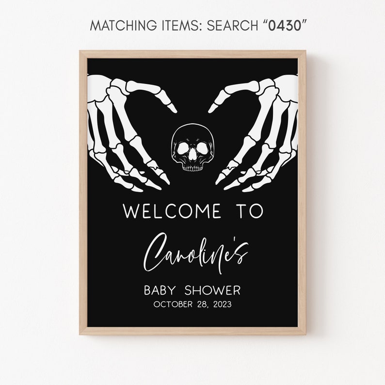 Placa de boas-vindas editável para chá de bebê de Halloween, pôster gótico de boas-vindas para chá de bebê, modelo de sinal de boas-vindas para chá de bebê com caveira pequena Boo 0430 imagem 3