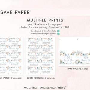 a collection of printed items, including diaper raffles and books for babies, along with instructions for saving paper and printing multiple copies.