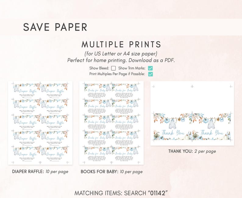 a collection of printed items, including diaper raffles and books for babies, along with instructions for saving paper and printing multiple copies.