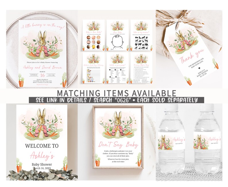 May include: A set of printable baby shower decorations featuring a watercolor illustration of a bunny in a pink dress and a floral wreath. The set includes an invitation, welcome sign, water bottle labels, a thank you tag, and two game cards. The text on the invitation reads "A little bunny is on the way!" and "Ashley and David Brown". The text on the welcome sign reads "Welcome to Ashley's Baby Shower". The text on the water bottle labels reads "Ashley's". The text on the thank you tag reads "Thank you for showering our baby with love". The text on the game cards reads "Don't Say Baby" and "Who is my animal?"