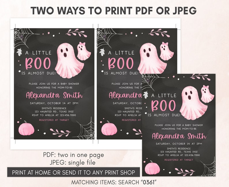 Editable Little Boo Baby Shower Invitation Bundle, Pink Halloween Baby Shower Invite Pack, Pink Girl Ghost Baby Shower Invite Template 0361 image 4