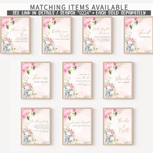 May include: Ten printable signs with floral and bunny illustrations for a baby shower. The signs include titles like "Mom-Isa Bar", "Babies are Sweet", "Late Night Diapers", "Food", "Favors", "Drinks", "Don't Say Baby", "Diaper Raffle", and "Books & Gifts".