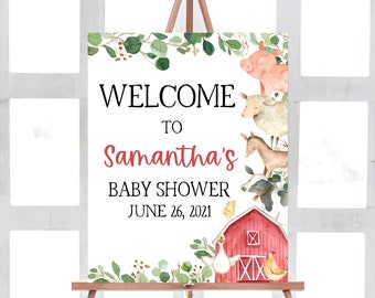 Welcome Sign Farm Animal Baby Shower, Boy Farm Welcome Baby Shower Sign, Barnyard Printable Table Sign, Greenery Decor 0138