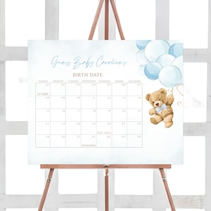Editable Boy Bear Balloon Baby Shower Due Date Calendar, We Can Bearly Wait Baby Shower Calendar, Blue Teddy Bear Birthday Prediction 0421