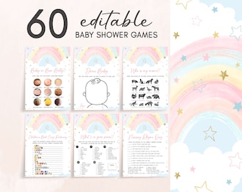 Editable Rainbow Baby Shower Games Bundle, Star Sprinkles Baby Shower Game Pack, Pastel Colors Boho Rainbow Girl Baby Shower Games, 0812