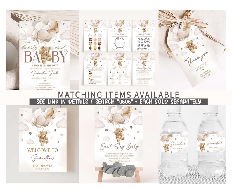 Pode incluir: Um conjunto de decora&ccedil;&otilde;es imprim&iacute;veis para um ch&aacute; de beb&ecirc; com um urso de pel&uacute;cia marrom segurando bal&otilde;es. As decora&ccedil;&otilde;es incluem uma placa de boas-vindas, uma placa de 'n&atilde;o diga beb&ecirc;', etiquetas para garrafas de &aacute;gua e uma etiqueta de agradecimento. O tema &eacute; um urso de pel&uacute;cia marrom com bal&otilde;es e nuvens.