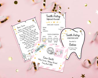 Kit Mini Fada do Dente Editável, Carta Rosa da Fada do Dente para Crianças, Envelope para Menina que Perdeu um Dente, Recibo e Certificado da Fada do Dente para Imprimir, 1KA