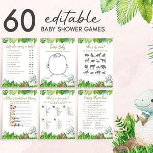 Editable Dinosaur Baby Shower Games Bundle, Hatching Soon Cute Dino Baby Shower Game Pack, Neutral Greenery Dino Baby Shower Games, 01038