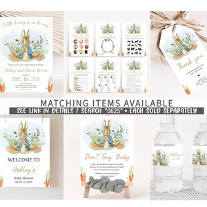 Może przedstawiać: Zestaw drukowanych dekoracji na baby shower z Peterem Kr&oacute;likiem. Zestaw zawiera tabliczkę powitalną, grę "Nie m&oacute;w baby", etykietę na butelkę wody i etykietę z podziękowaniem. Dekoracje są w stylu akwarelowym z jasnoniebieskim tłem i zielonymi liśćmi.