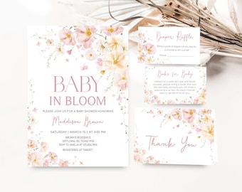 Lot d'invitations modifiables pour baby shower bébé en fleurs, ensemble d'invitations pour baby shower floral printemps fille, invitation bébé en fleurs fleurs sauvages, 01015