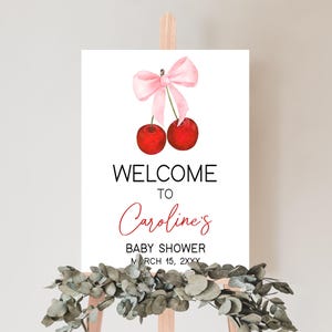 Editable Cherry Baby Shower Welcome Sign, Cherry on Top Coquette Baby Shower Welcome Poster, Minimalist Pink Bow Baby Shower Sign, 01033