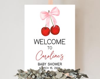 Editable Cherry Baby Shower Welcome Sign, Cherry on Top Coquette Baby Shower Welcome Poster, Minimalist Pink Bow Baby Shower Sign, 01033