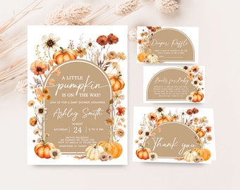 May include: A set of baby shower invitations and inserts with a fall theme. The main invitation features a pumpkin and floral design with the text "A Little Pumpkin is on the Way!" and event details. Additional cards include "Diaper Raffle," "Books for Baby," and "Thank You."