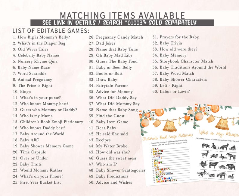 Orange Baby Shower Games Bundle