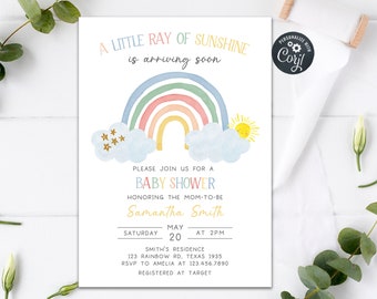 Editable Pastel Rainbow Baby Shower Invitation, Little Ray of Sunshine Baby Shower Invite, Gender Neutral Rainbow Invitation Template 0250