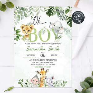 May include: A green and white baby shower invitation with a jungle theme. The invitation features a lion, elephant, giraffe, monkey, and rhinoceros. The text on the invitation reads "Oh Boy" and includes the name "Samantha Smith" and the date "May 06".