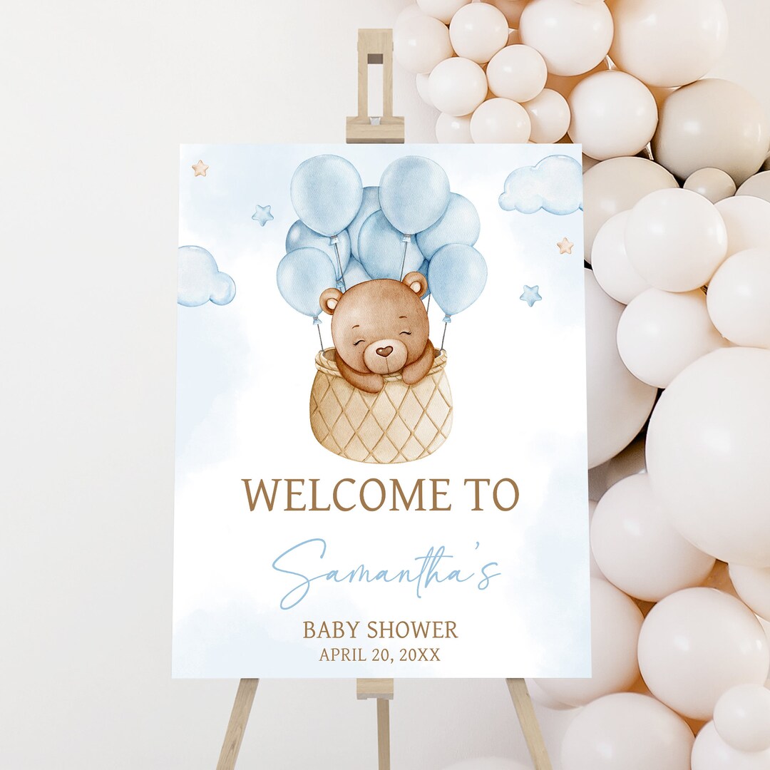 Editable Boy Hot Air Balloon Bear Baby Shower Welcome Sign, Blue We Can ...