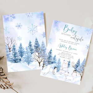 Editable Winter Arctic Animals Baby Shower Invitation, Blue Baby it's Cold Outside Baby Shower Invite, Boy Winter Baby Shower Invite, 0566 image 2