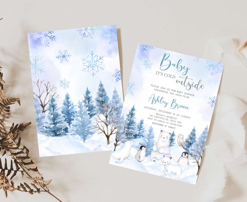 Editable Winter Arctic Animals Baby Shower Invitation, Blue Baby it's Cold Outside Baby Shower Invite, Boy Winter Baby Shower Invite, 0566 image 2