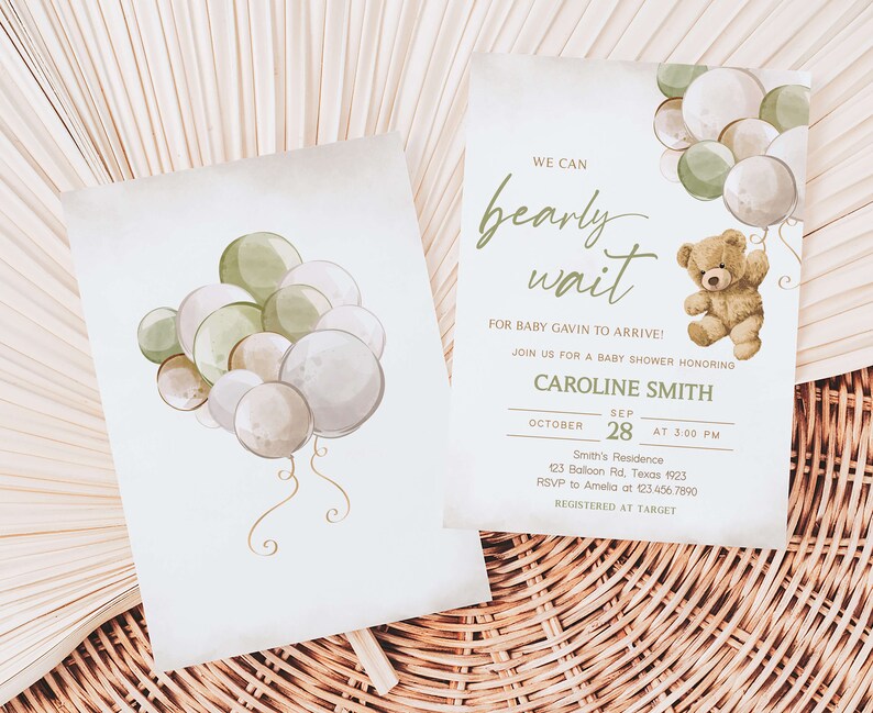 Editable Gender Neutral Bear Baby Shower Invitation Bundle, We Can Bearly Wait Baby Shower Invite Set, Green Balloon Bear Baby Shower, 0526 image 2