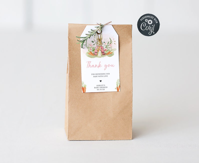 Editable Pink Peter Rabbit Baby Shower Favor Tags, Peter Rabbit Girl Baby Shower Gifts Tag, A Little Bunny Spring Shower Thank You Tag, 0626 image 1