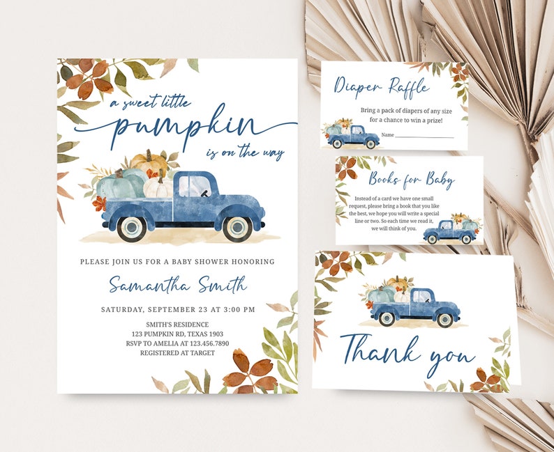 Blue Pick Up Truck carrying Fall Pumpkins at the back with Autumn Leaves on the side with A Sweet Little Pumpkin is on the way Baby Shower Invitation Set