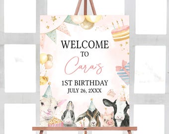Editable Calling All Party Animals Welcome Sign, Pink Farm Birthday Party Welcome Poster, Girl Farm Animal Birthday Barnyard Party Sign 31BD