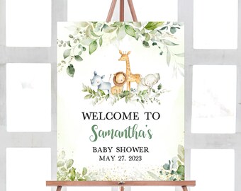 Editable Safari Animals Baby Shower Welcome Sign, Greenery Safari Baby Shower Welcome Poster, Wild Animals Jungle Baby Shower Sign, 0338