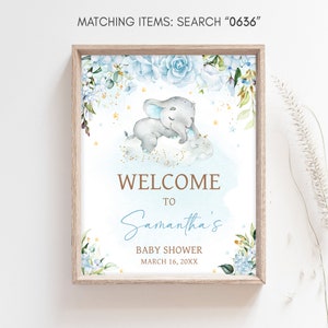 Bewerkbaar welkomstbord babyshower blauwe olifant, welkomstposter babyshower blauwe olifant olifant, blauwe bloemen babyshower jongen, 0636 afbeelding 3