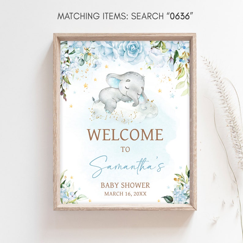 Bewerkbaar welkomstbord babyshower blauwe olifant, welkomstposter babyshower blauwe olifant olifant, blauwe bloemen babyshower jongen, 0636 afbeelding 3