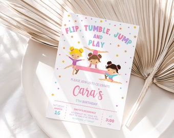 Editable Gymnastics Birthday Invitation, Gymnastics Party Invitation, Trampoline Birthday Invitation, Girl Gymnasts Birthday Invite, 5BD