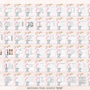 May include: A collection of pink and white baby shower game printables. Each card features a watercolor elephant, pink balloons, and floral accents. The text "Matching Items: Search 0233" is at the bottom. The games include "Diaper Bag", "Baby Bingo", and more.