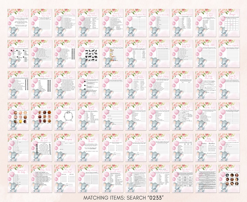 May include: A collection of pink and white baby shower game printables. Each card features a watercolor elephant, pink balloons, and floral accents. The text "Matching Items: Search 0233" is at the bottom. The games include "Diaper Bag", "Baby Bingo", and more.