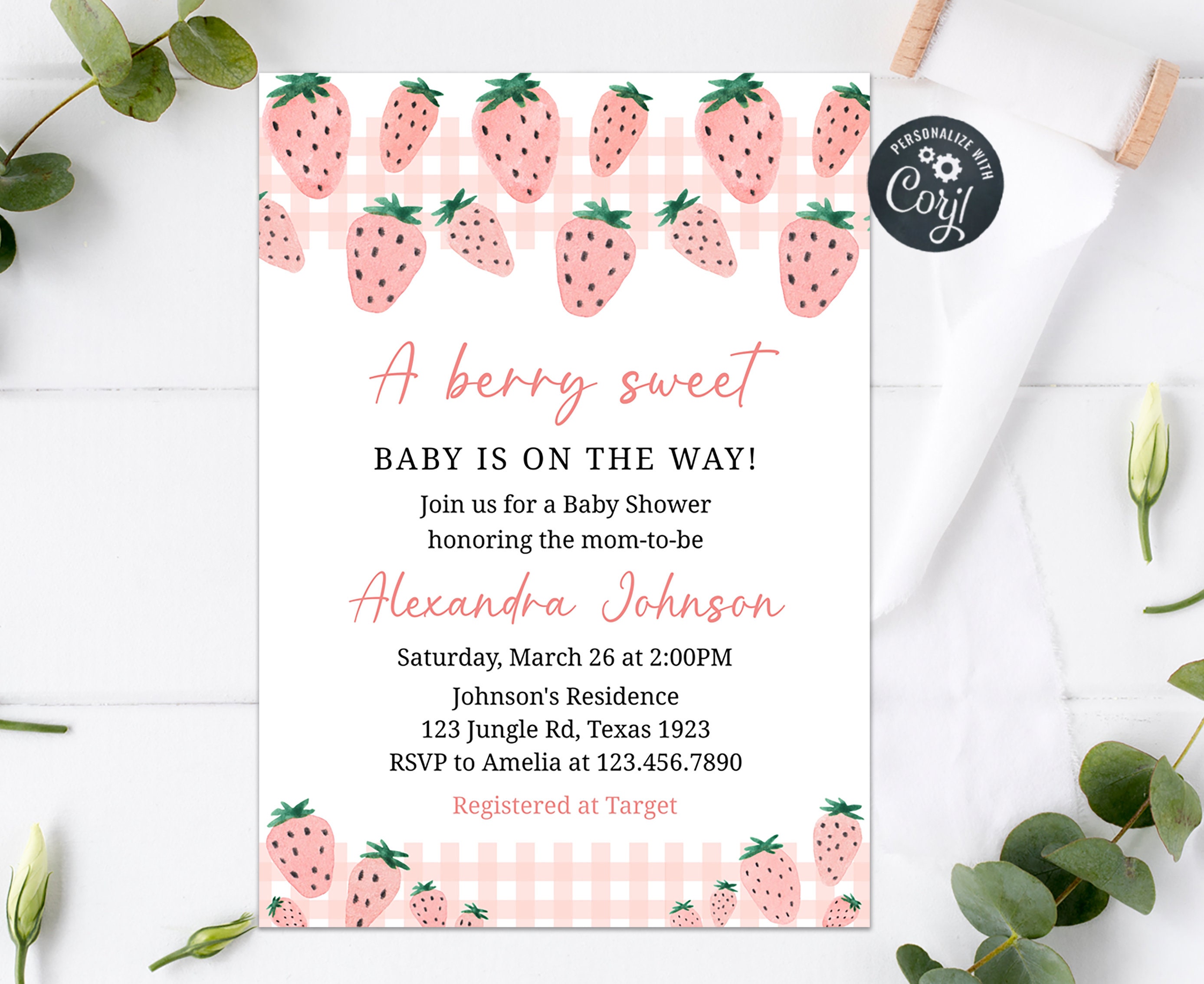 Editable Strawberry Baby Shower Invitation Berry Sweet Baby 