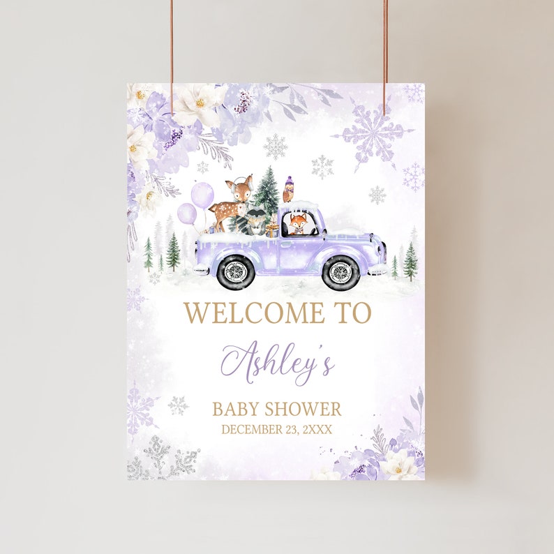 Edytowalny Fioletowy Zimowy Las Baby Shower Powitalny Znak, Dziewczęcy Las Zimowy Baby Shower Powitalny Plakat, Dziewczęce Dziecko Jest Zimno Na Zewnątrz, 0534 zdjęcie 1
