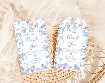 Bewerkbare toile de jouy safari babyshower bedankkaartje, safari toile cadeaukaartjes babyshower, blauwe chinoiserie bedankkaartjes babyjongen, 01072