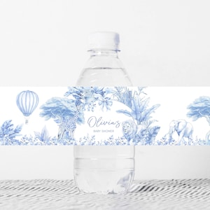 Etiquette modifiable pour biberon en toile chinoiserie bleue, étiquette pour baby shower toile de jouy Safari, autocollants pour biberon avec noeud bleu 01092