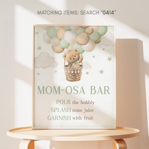 Mom Osa Bar Sign Green Bear Baby Shower, We Can Bearly Wait Baby Shower Momosa Sign, Gender Neutral Boho Bear Baby Shower Mimosa Sign 0414