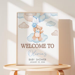 Editable We Can Bearly Wait Baby Shower Welcome Sign, Blue Balloon Bear Baby Shower Welcome Poster, Boy Boho Bear Baby Shower Sign, 01018