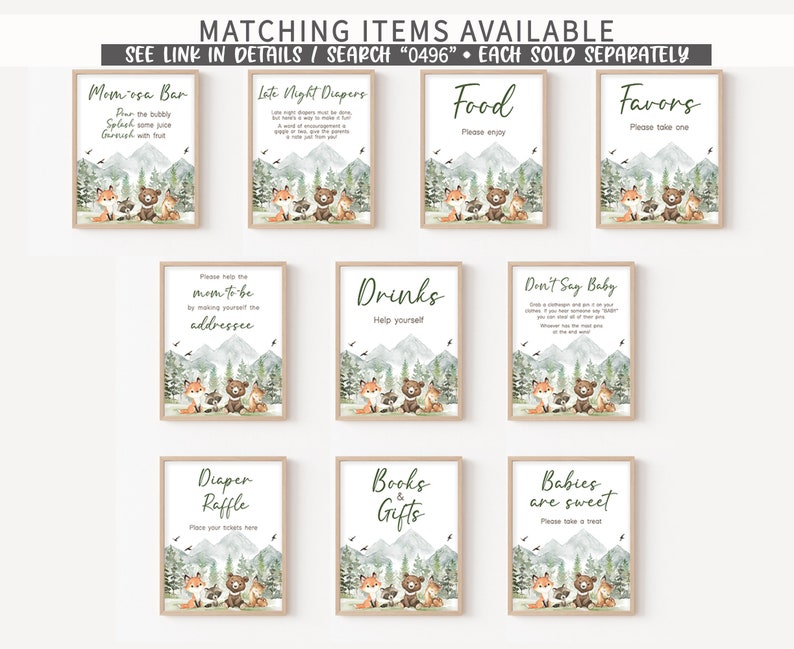 May include: Set of ten printable signs for a woodland themed baby shower. The signs feature a watercolor background with mountains, trees, and foxes. The signs include titles such as "Momosa Bar", "Late Night Diapers", "Food", "Favors", "Drinks", "Don't Say Baby", "Diaper Raffle", "Books & Gifts", and "Babies are Sweet".