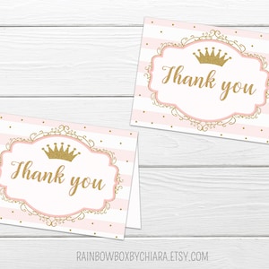 Cartão de agradecimento de princesa para impressão, festa real rosa e dourada, obrigado, festa de aniversário, chá de bebê, festa de ouro rosa, coroa, arquivo digital