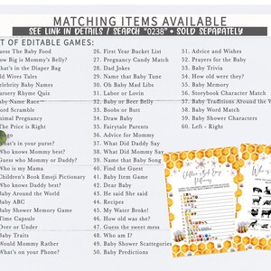 May include: A printable list of editable baby shower games with a yellow and white honeycomb pattern. The list includes games like "Guess the Baby Food", "How Big is Mommy's Belly?" and "What's in the Diaper Bag".