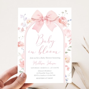 Editable Pink Bow Baby in Bloom Baby Shower Invitation, Girl Coquette Baby Shower Invite, Spring Floral Wildflower Baby Shower Invite, 01035