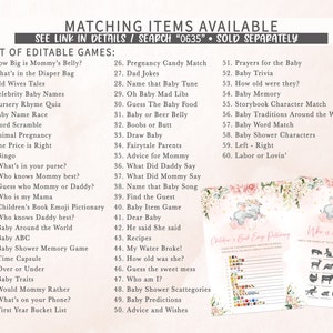 Op de afbeelding: Een set met printbare babyshower-spellen met een roze en witte bloemenachtergrond. De spellen omvatten "How Big is Mommy's Belly?", "What's in the Diaper Bag", "Old Wives Tales", "Celebrity Baby Names", "Nursery Rhyme Quiz", "Baby Name Race", "Word Scramble", "Animal Pregnancy", "The Price is Right", "Bingo", "What's in your purse?", "Who knows Mommy best?", "Guess who Mommy or Daddy?", "Who is my Mama", "Children's Book Emoji Pictionary", "Who knows Daddy best?", "Baby Around the World", "Baby ABC", "Baby Shower Memory Game", "Time Capsule", "Over or Under", "Baby Traits", "Would Mommy Rather", "What's on your Phone?", "First Year Bucket List", "Pregnancy Candy Match", "Dad Jokes", "Name that Baby Tune", "Oh Baby Mad Libs", "Guess The Baby Food", "Baby or Beer Belly", "Boobs or Butt", "Draw Baby", "Fairytale Parents", "Advice for Mommy", "What Did Daddy Say", "What Did Mommy Say", "Name that Baby Song", "Find the Guest", "Baby Item Game", "Dear Baby", "He said She said", "Recipes", "My Water Broke!", "How old was she?", "Guess the sweet mess", "Who am I?", "Baby Shower Scattegories", "Baby Predictions", "Advice and Wishes", "Prayers for the Baby", "Baby Trivia", "How old were they?", "Baby Memory", "Storybook Character Match", "Baby Traditions Around the World", "Baby Word Match", "Baby Shower Characters", "Left - Right", "Labor or Lovin'".