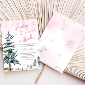 Bebé editable hace frío afuera invitación de baby shower, invitación de baby shower del país de las maravillas de invierno de niña, invitación de baby shower de copo de nieve rosa, 0544 imagen 2
